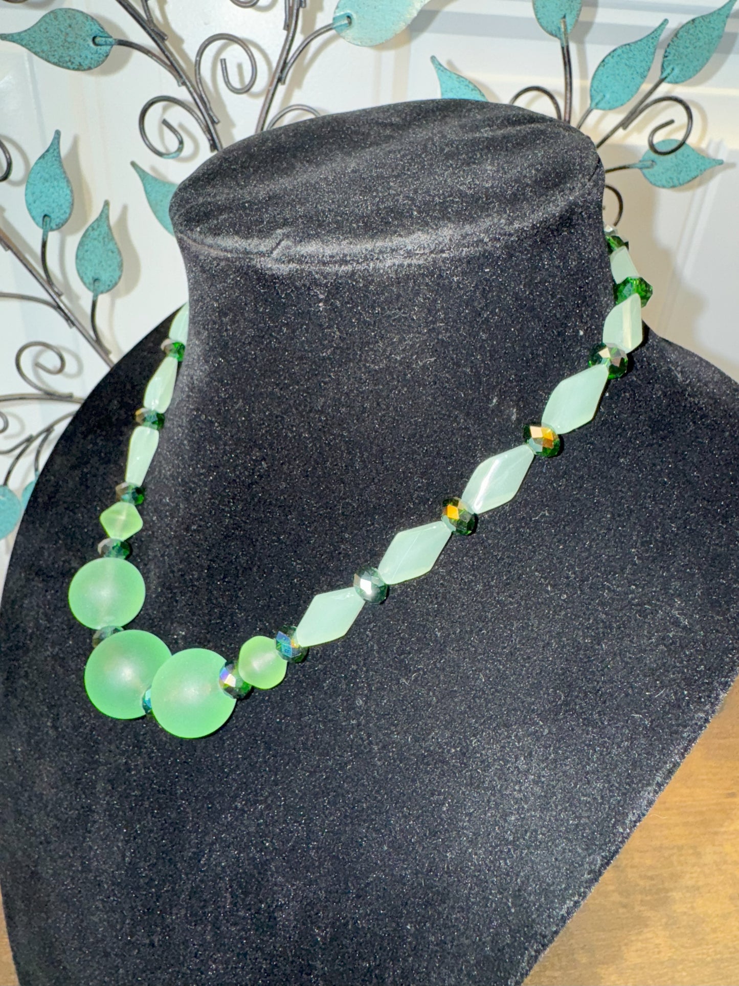 Handmade Vintage Green Frosted Glass Bead Necklace