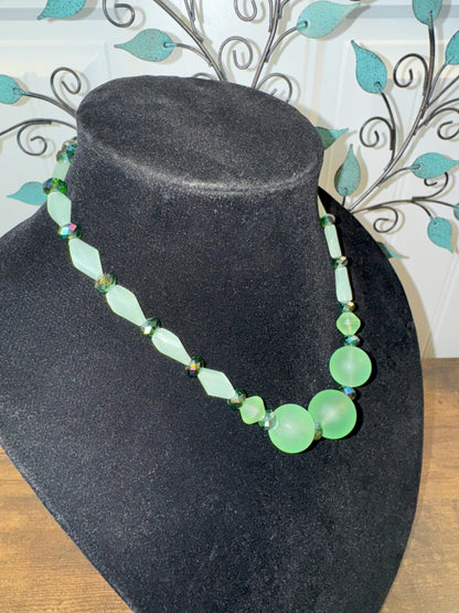 Handmade Vintage Green Frosted Glass Bead Necklace