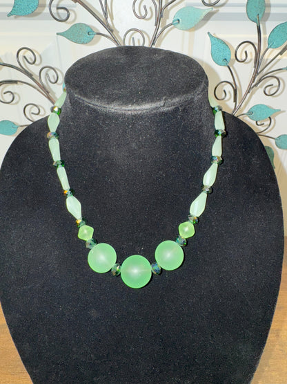 Handmade Vintage Green Frosted Glass Bead Necklace