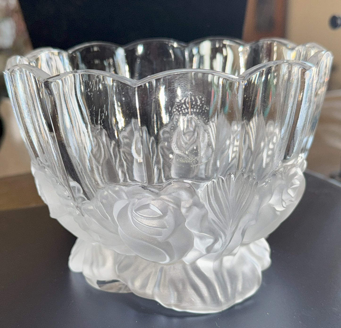 Vintage Imperlux Frosted Rose Pedestal Bowl – 6" Lead Crystal – Made in East Germany