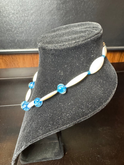 Vintage Handmade Blue Glass Bead & White Oval Necklace