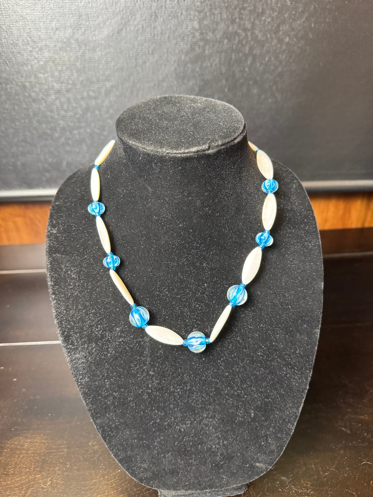 Vintage Handmade Blue Glass Bead & White Oval Necklace