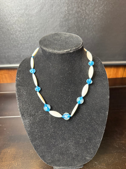 Vintage Handmade Blue Glass Bead & White Oval Necklace
