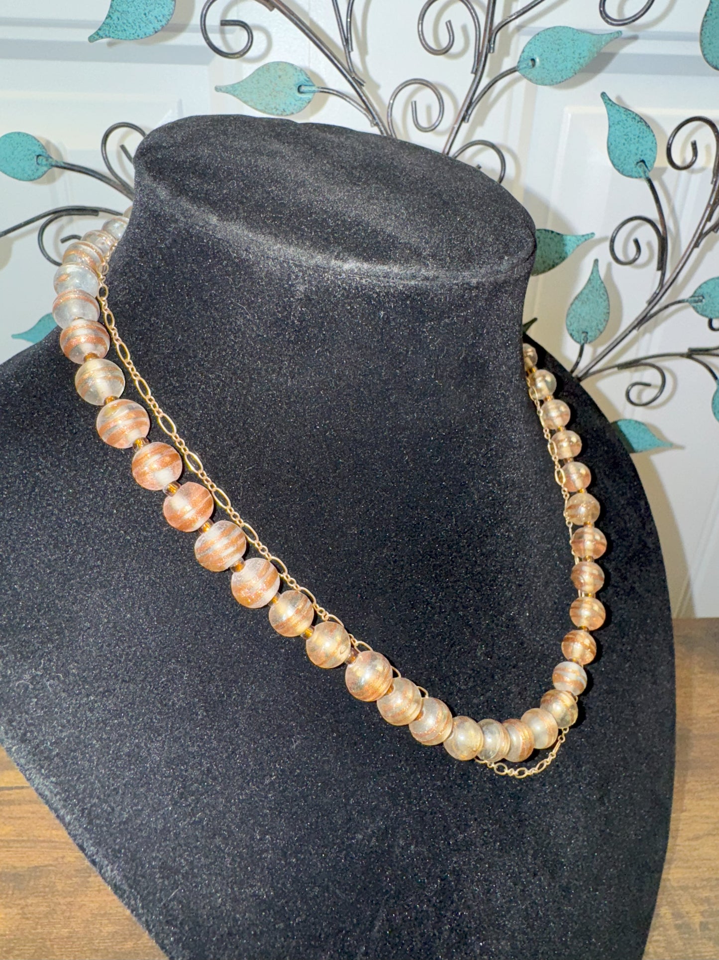 Vintage Handmade Glass Bead Necklace with Gold Chain Accent