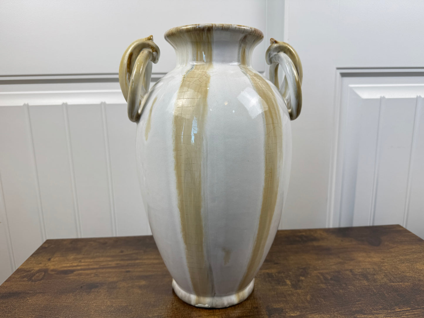 Creamy White and Tan Amphora Style Ceramic Vase