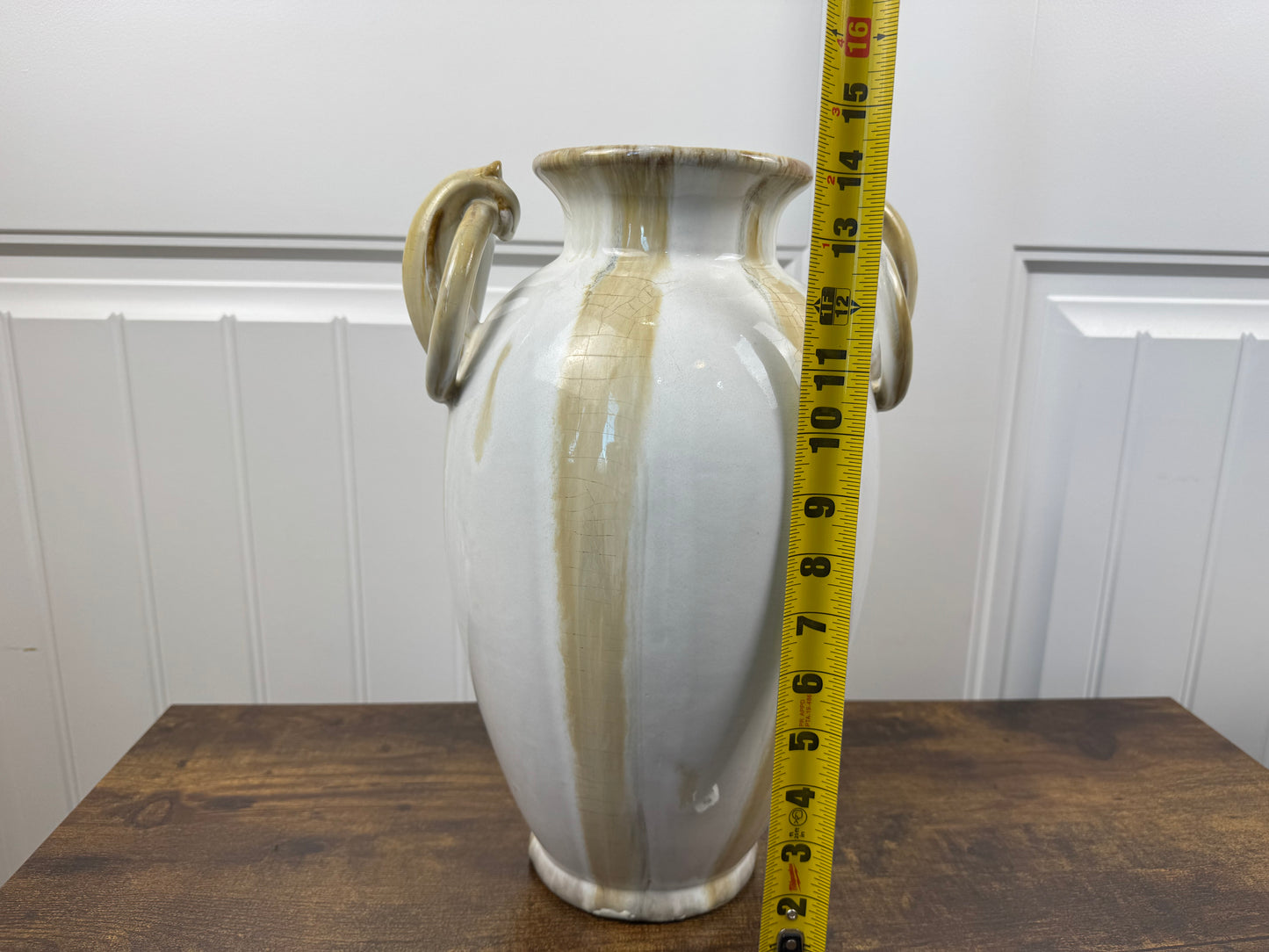 Creamy White and Tan Amphora Style Ceramic Vase