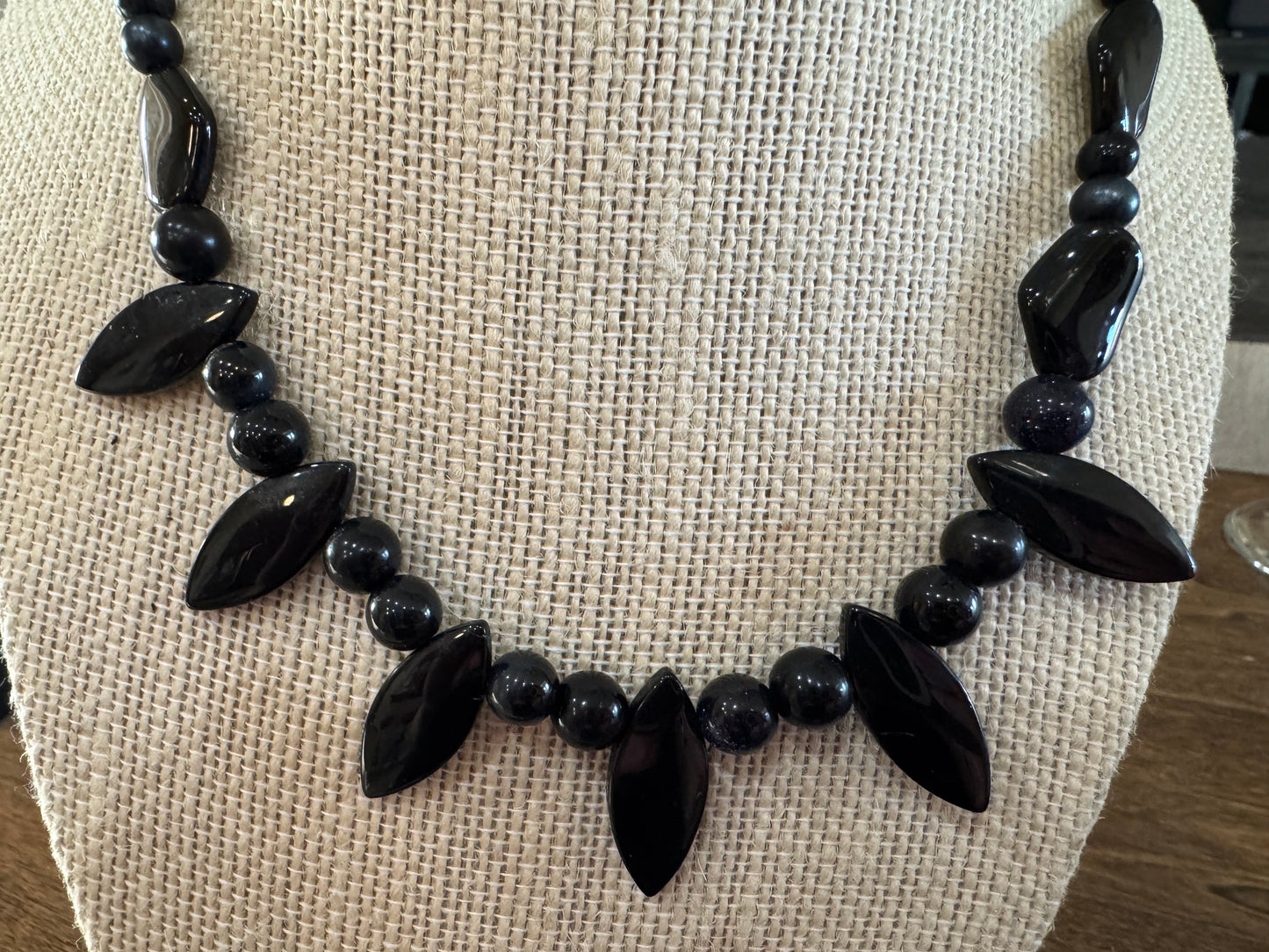 Hand-made Vintage Black Stone Bead Necklace 16inch