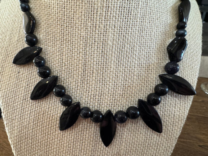 Hand-made Vintage Black Stone Bead Necklace 16inch