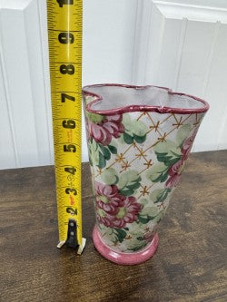 Vintage Italian Pottery Vase – Hand-Painted Floral – Wavy Rim – 9" Tall
