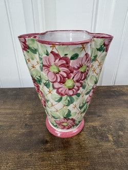 Vintage Italian Pottery Vase – Hand-Painted Floral – Wavy Rim – 9" Tall