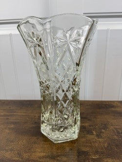Vintage Cut Crystal Vase – 11" Tall – Starburst & Diamond Pattern – Hexagonal Base – Brilliant Glass Centerpiece