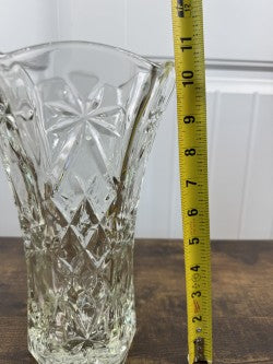 Vintage Cut Crystal Vase – 11" Tall – Starburst & Diamond Pattern – Hexagonal Base – Brilliant Glass Centerpiece
