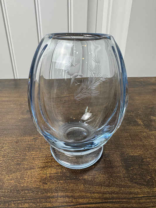 Vintage Kosta Boda Blue Art Glass Vase with Etched Bird Design