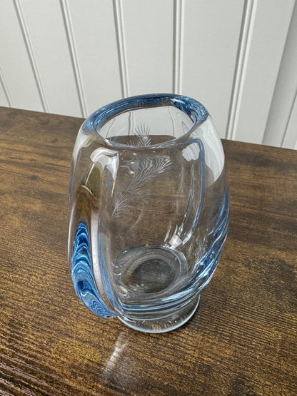 Vintage Kosta Boda Blue Art Glass Vase with Etched Bird Design