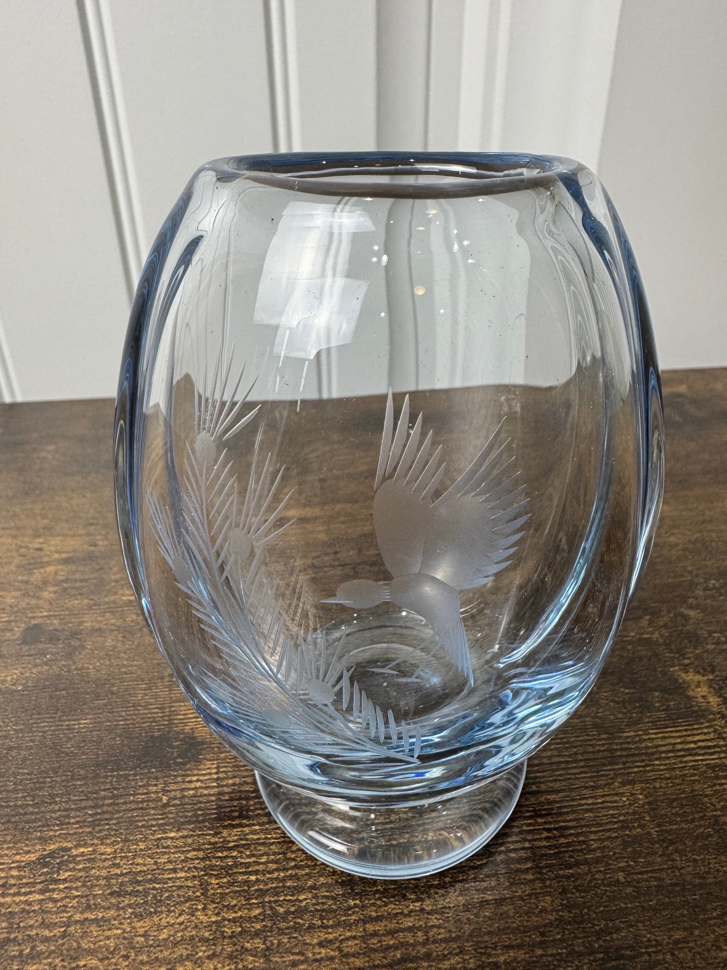 Vintage Kosta Boda Blue Art Glass Vase with Etched Bird Design