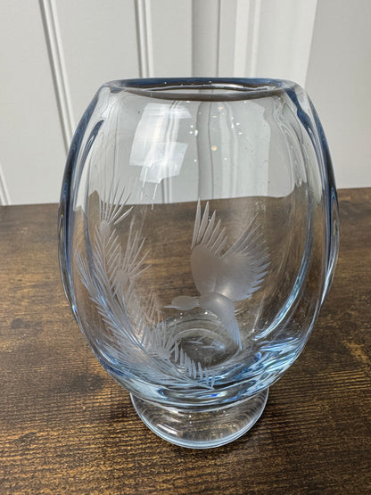 Vintage Kosta Boda Blue Art Glass Vase with Etched Bird Design